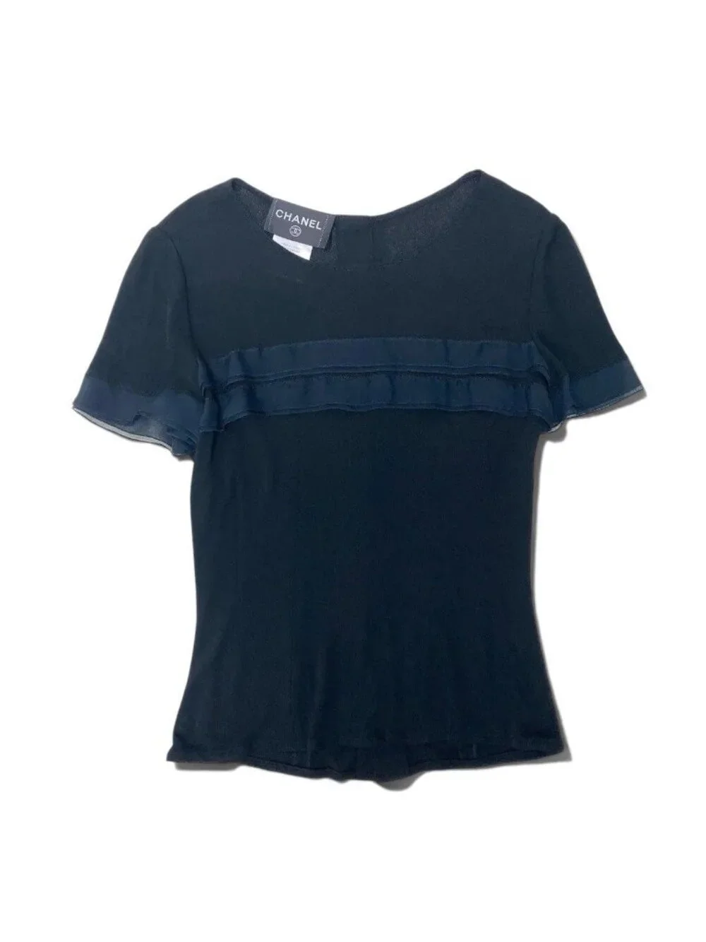 Chanel Ch1 Short Sleeve Knit Sweater CC Logo Button 36 Black 100% Rayon